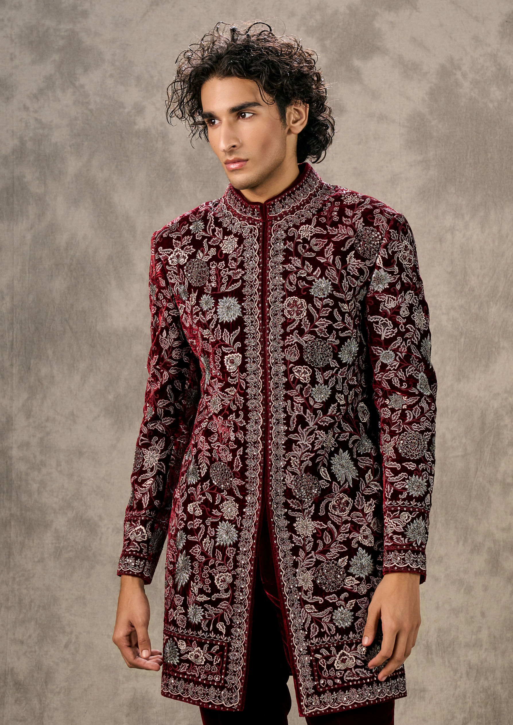 Twamev Men Maroon Velvet Majesty Indo Western