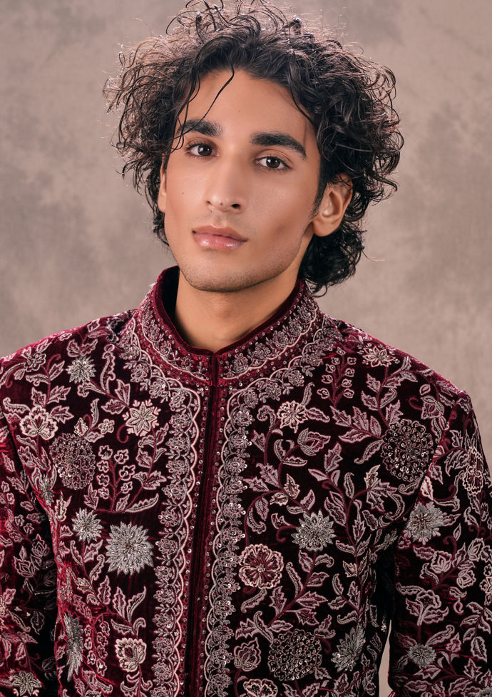 Twamev Men Maroon Velvet Majesty Indo Western