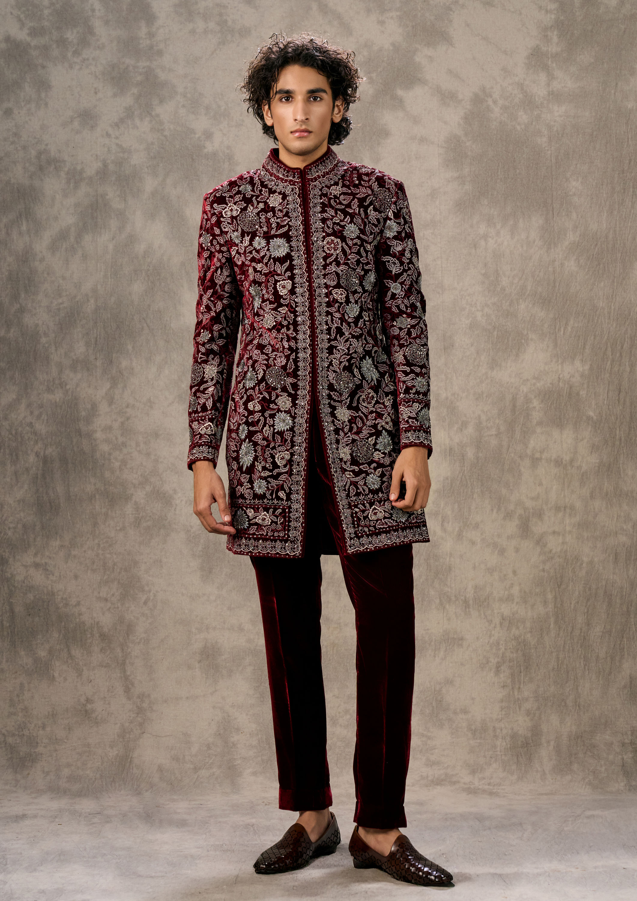 Twamev Men Maroon Velvet Majesty Indo Western
