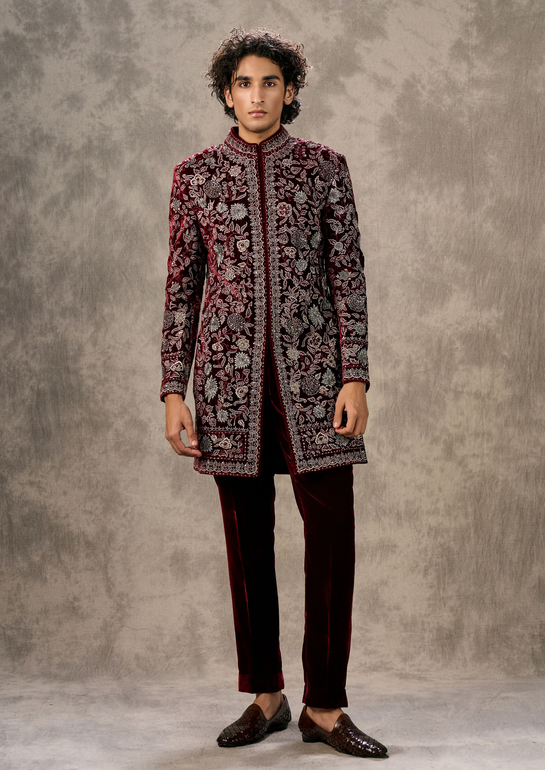 Twamev Men Maroon Velvet Majesty Indo Western