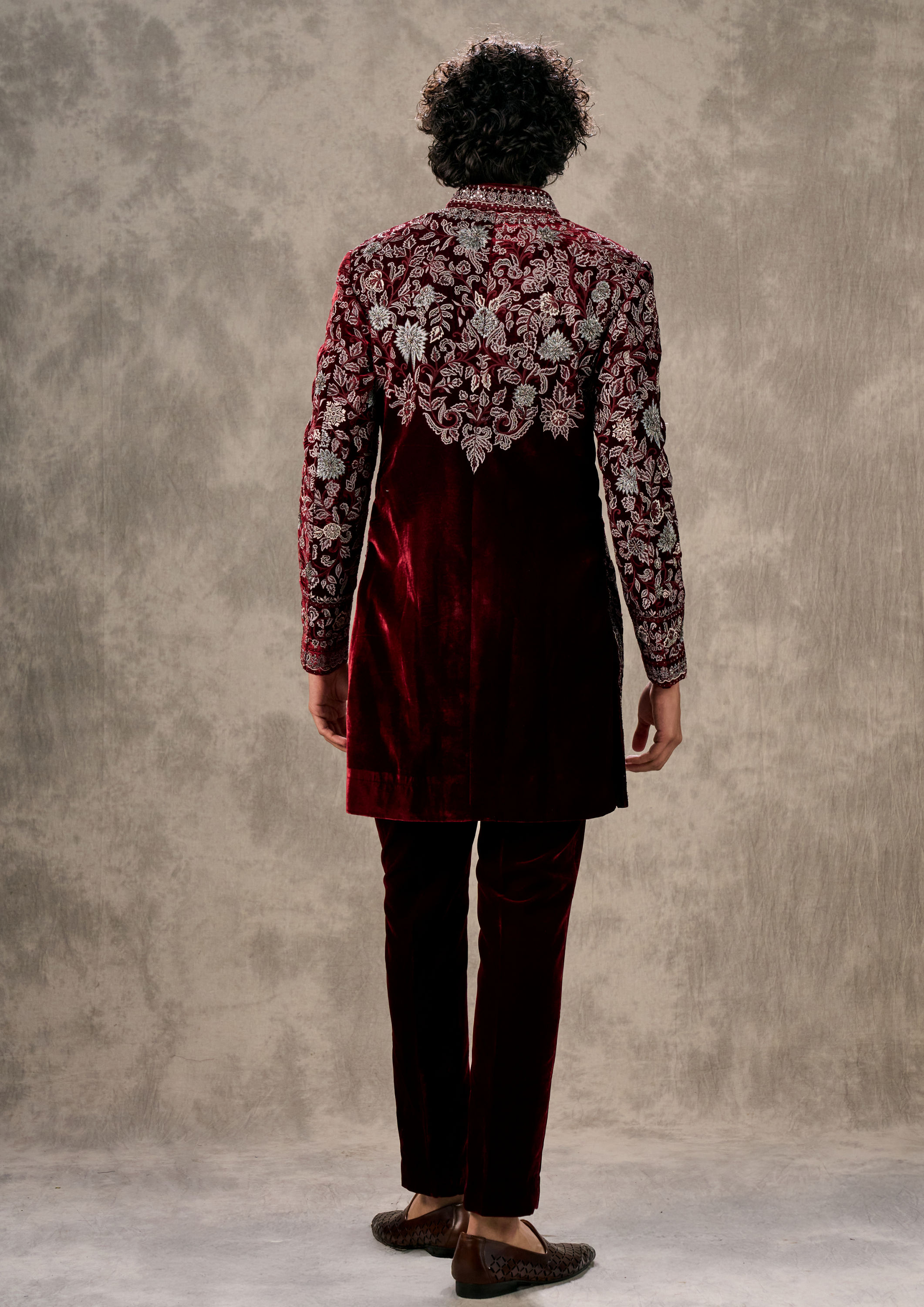 Twamev Men Maroon Velvet Majesty Indo Western
