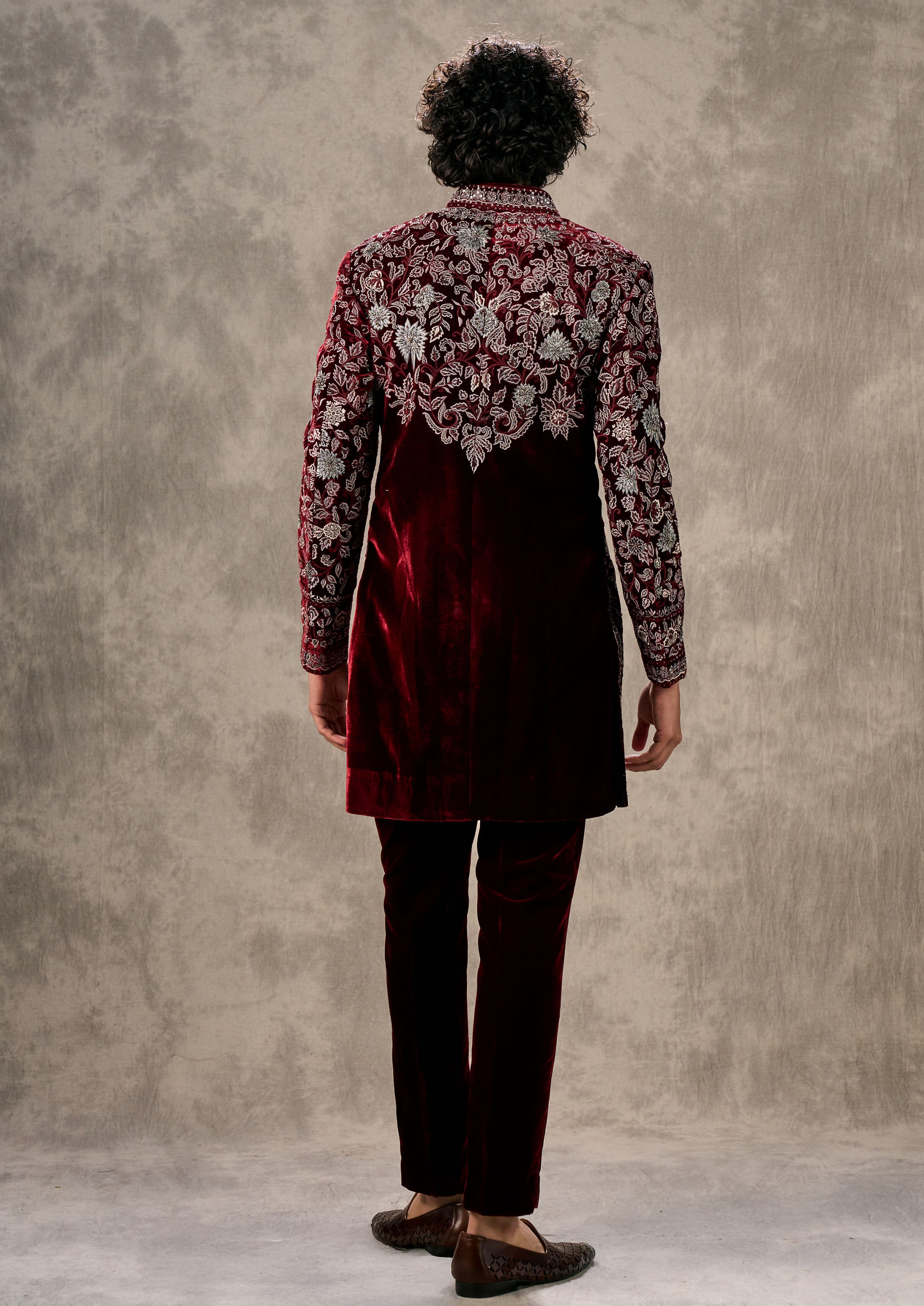 Twamev Men Maroon Velvet Majesty Indo Western