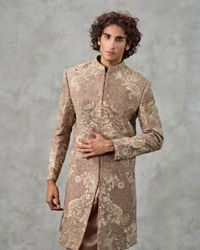 Twamev Men Walnut Brown Raw Silk Resham Hand Embroidered Sherwani