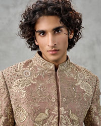 Twamev Men Walnut Brown Raw Silk Resham Hand Embroidered Sherwani