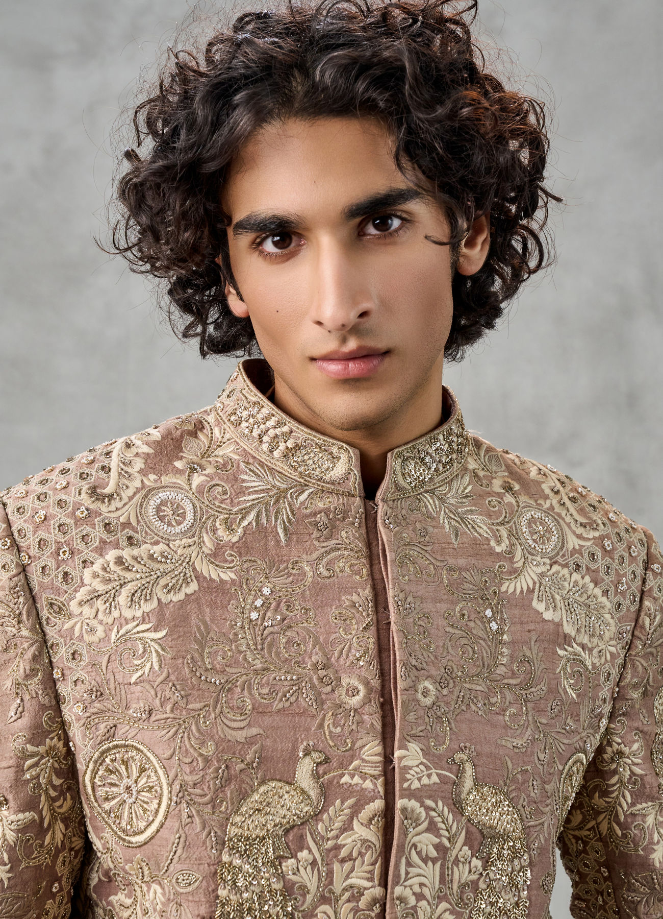 Twamev Men Walnut Brown Raw Silk Resham Hand Embroidered Sherwani