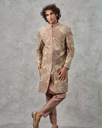 Twamev Men Walnut Brown Raw Silk Resham Hand Embroidered Sherwani