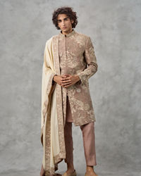 Twamev Men Walnut Brown Raw Silk Resham Hand Embroidered Sherwani