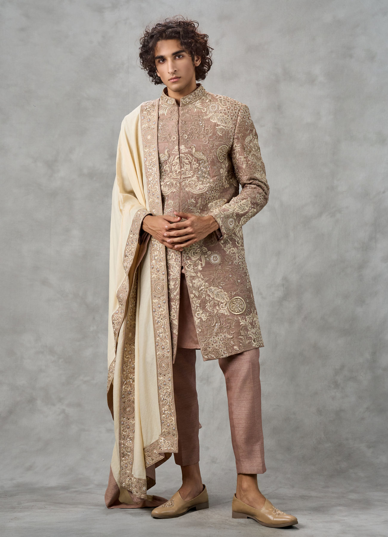 Twamev Men Walnut Brown Raw Silk Resham Hand Embroidered Sherwani