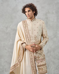 Twamev Men Fawn Silk Zardosi Floral Intricate Embroidered Sherwani