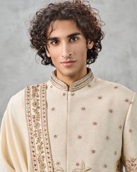 Twamev Men Fawn Silk Zardosi Floral Intricate Embroidered Sherwani