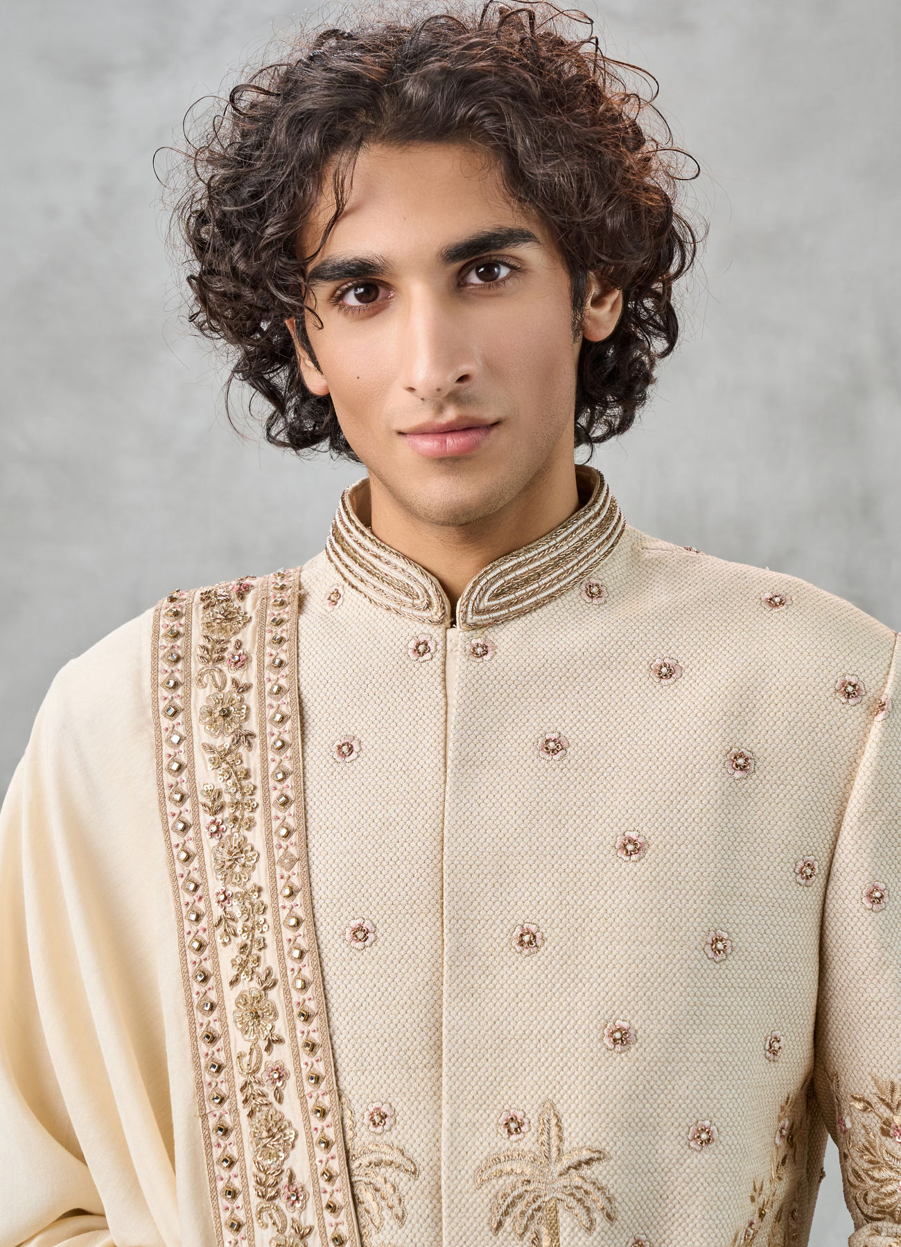 Twamev Men Fawn Silk Zardosi Floral Intricate Embroidered Sherwani