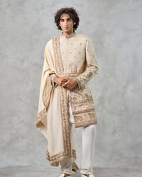Twamev Men Fawn Silk Zardosi Floral Intricate Embroidered Sherwani