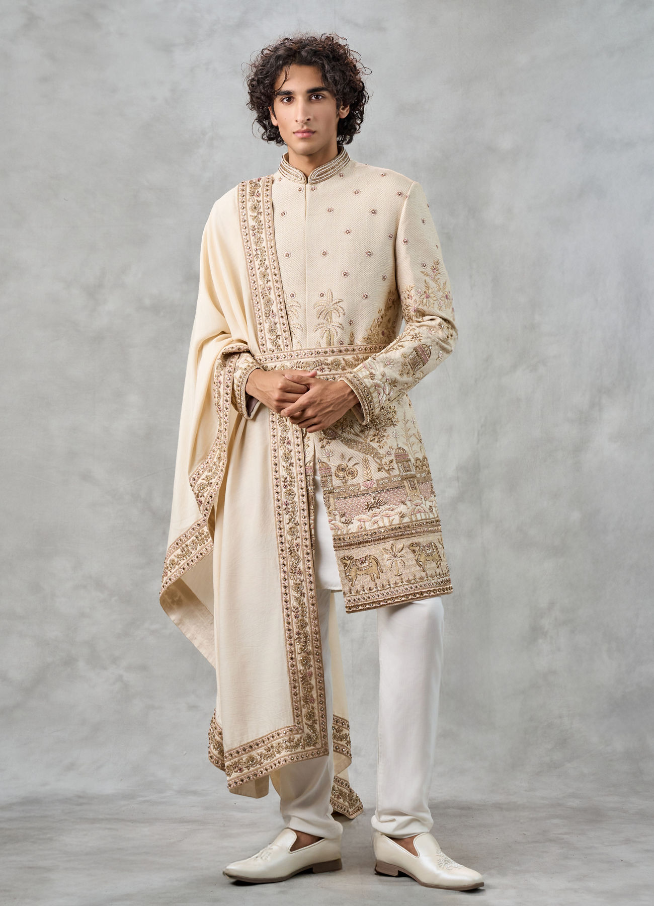 Twamev Men Fawn Silk Zardosi Floral Intricate Embroidered Sherwani