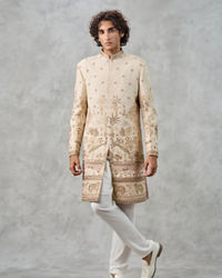 Twamev Men Fawn Silk Zardosi Floral Intricate Embroidered Sherwani