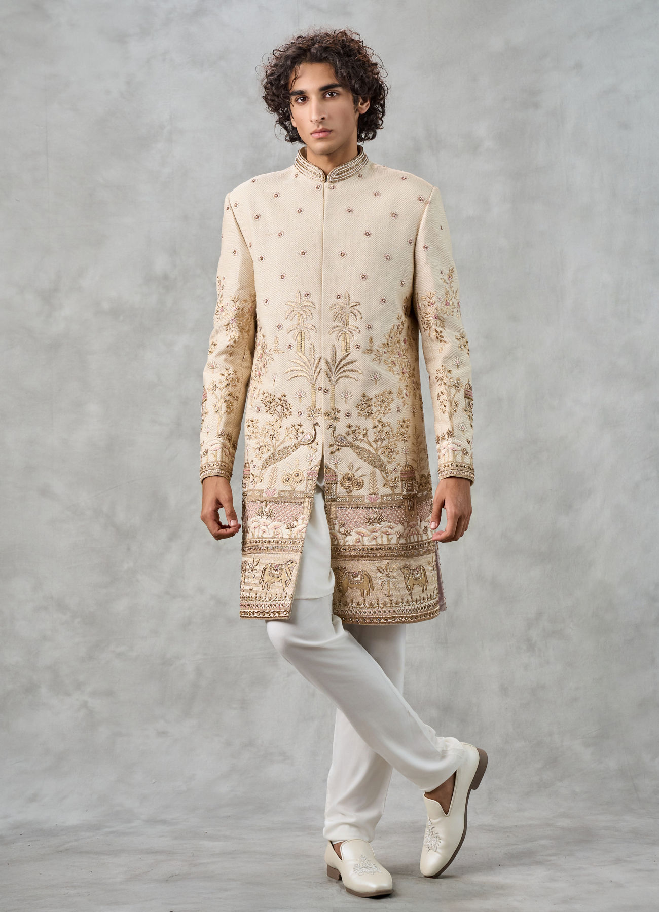 Twamev Men Fawn Silk Zardosi Floral Intricate Embroidered Sherwani