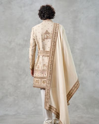 Twamev Men Fawn Silk Zardosi Floral Intricate Embroidered Sherwani