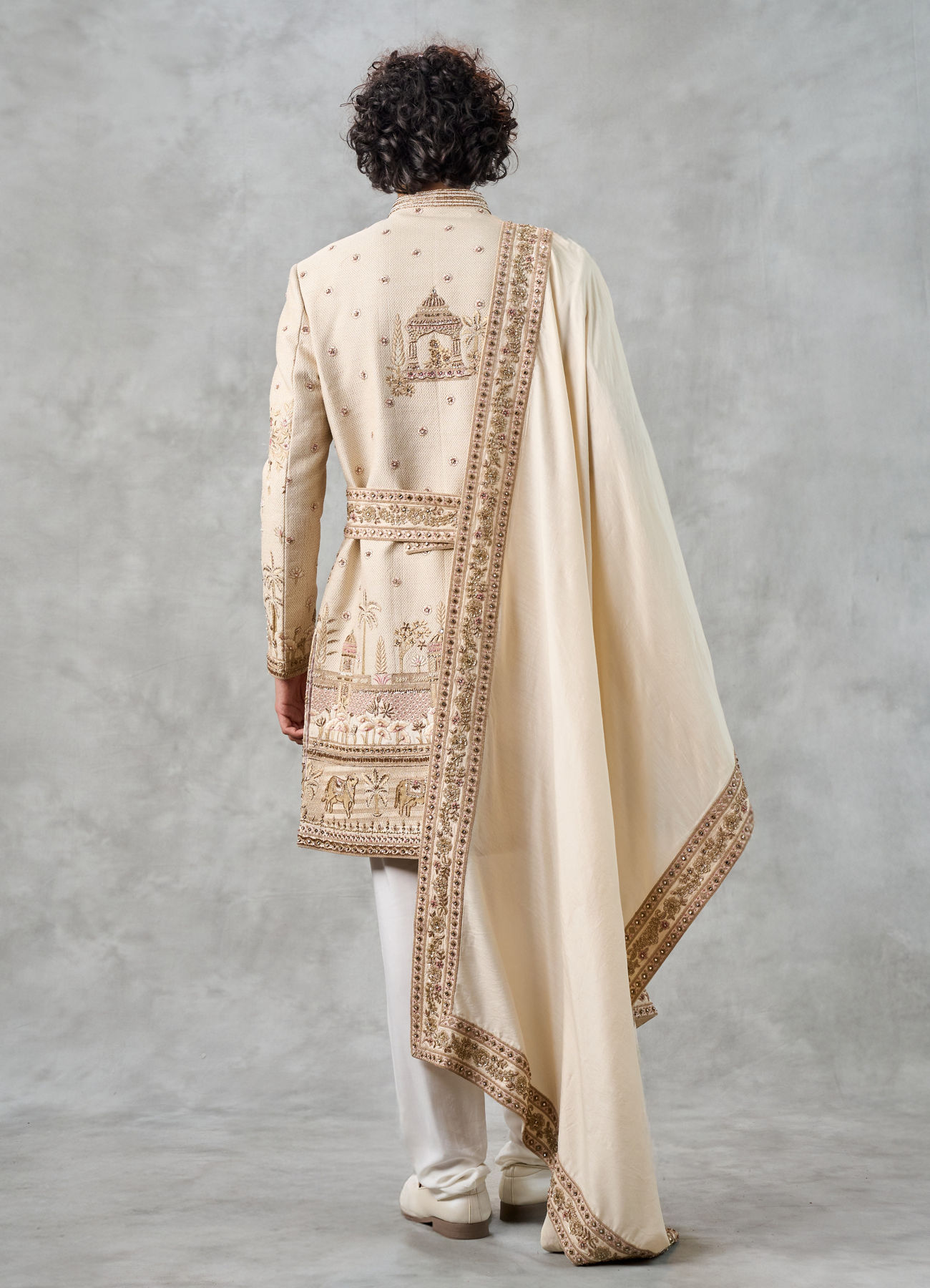 Twamev Men Fawn Silk Zardosi Floral Intricate Embroidered Sherwani
