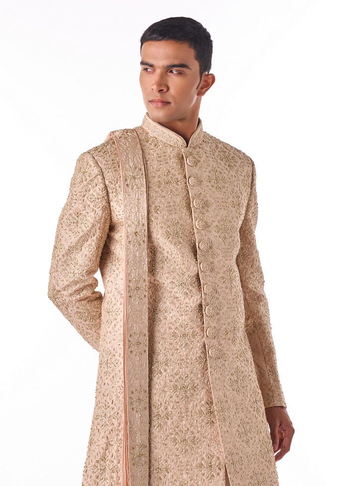 Twamev Men Cream Art Silk Sherwani Set