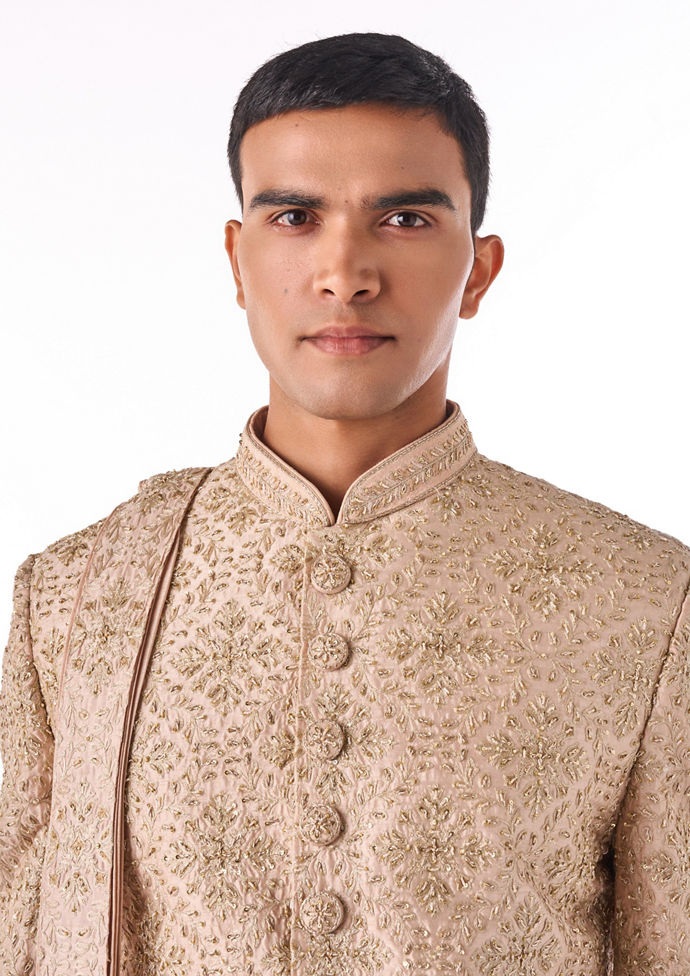 Twamev Men Cream Art Silk Sherwani Set