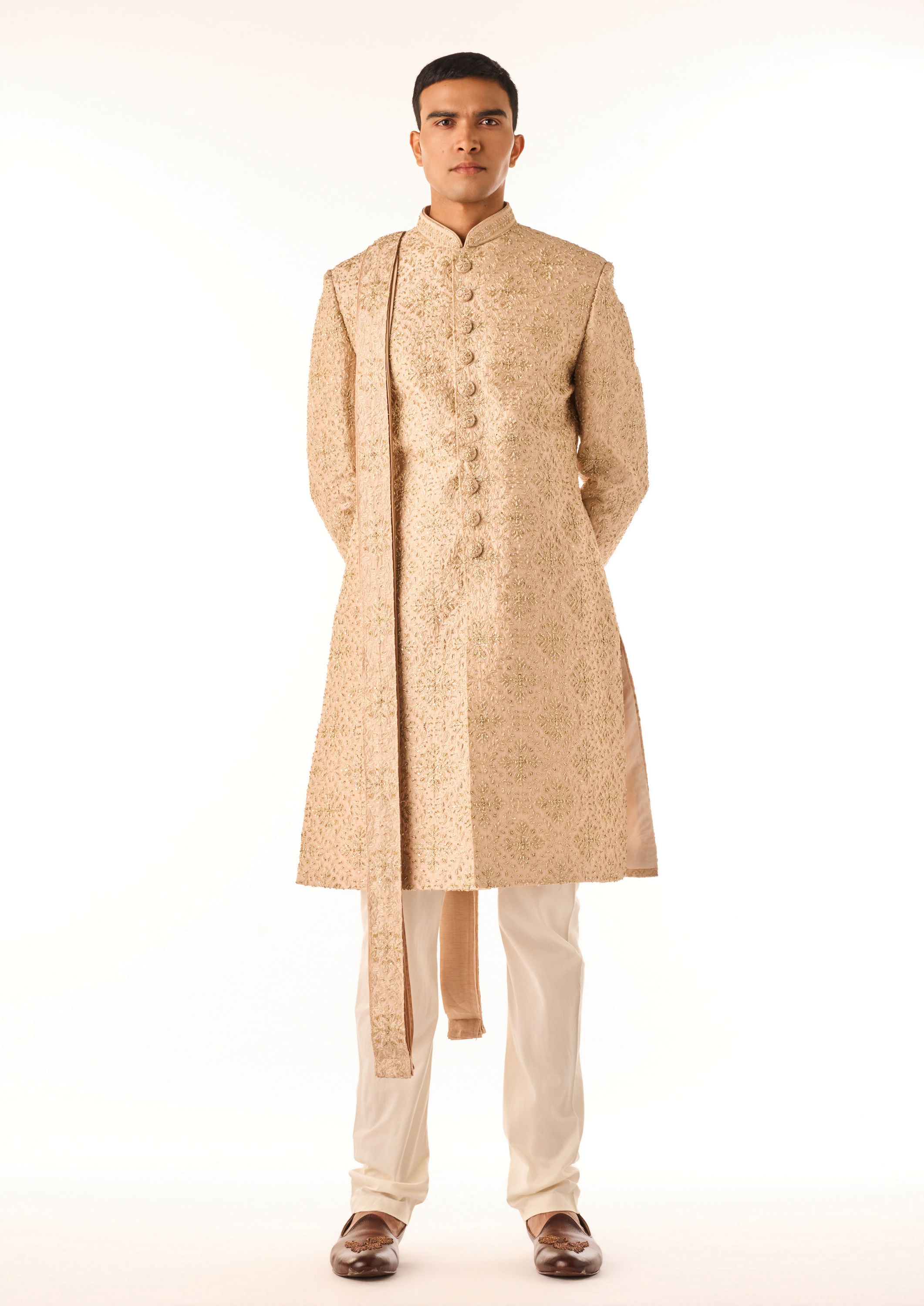 Twamev Men Cream Art Silk Sherwani Set