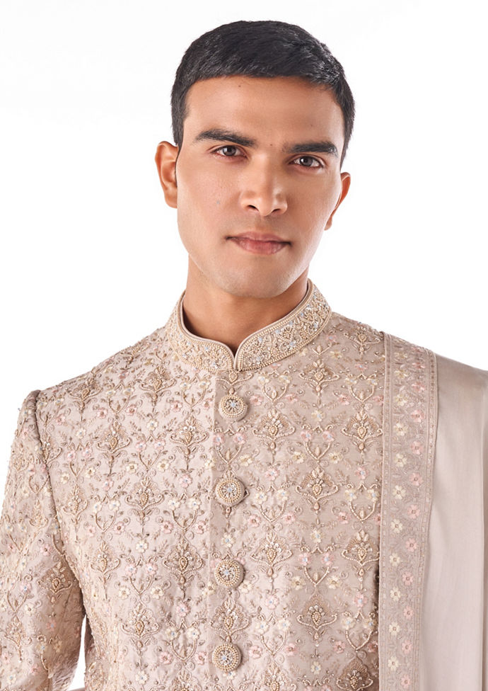 Twamev Men Fawn Art Silk Sherwani Set