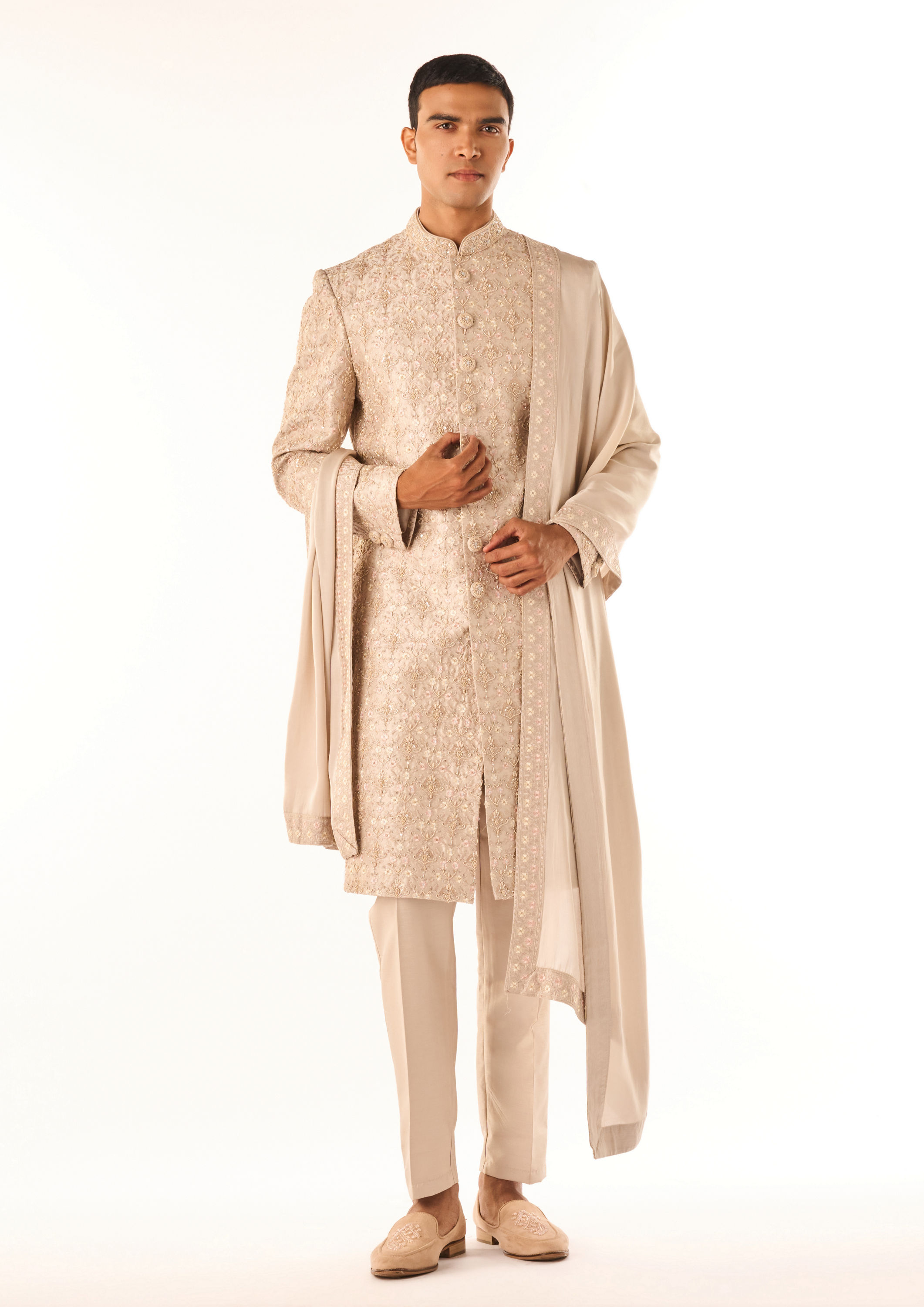 Twamev Men Fawn Art Silk Sherwani Set