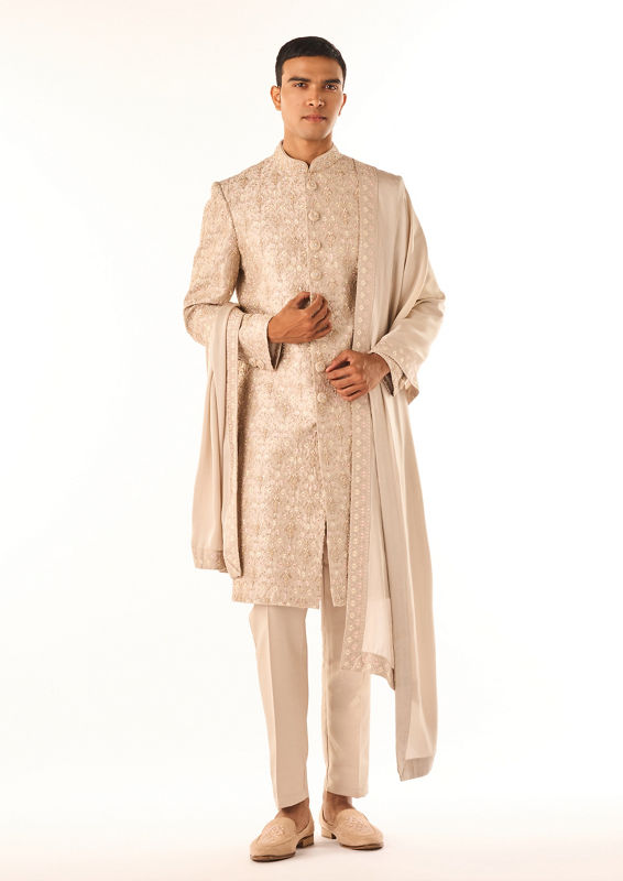 Twamev Men Fawn Art Silk Sherwani Set