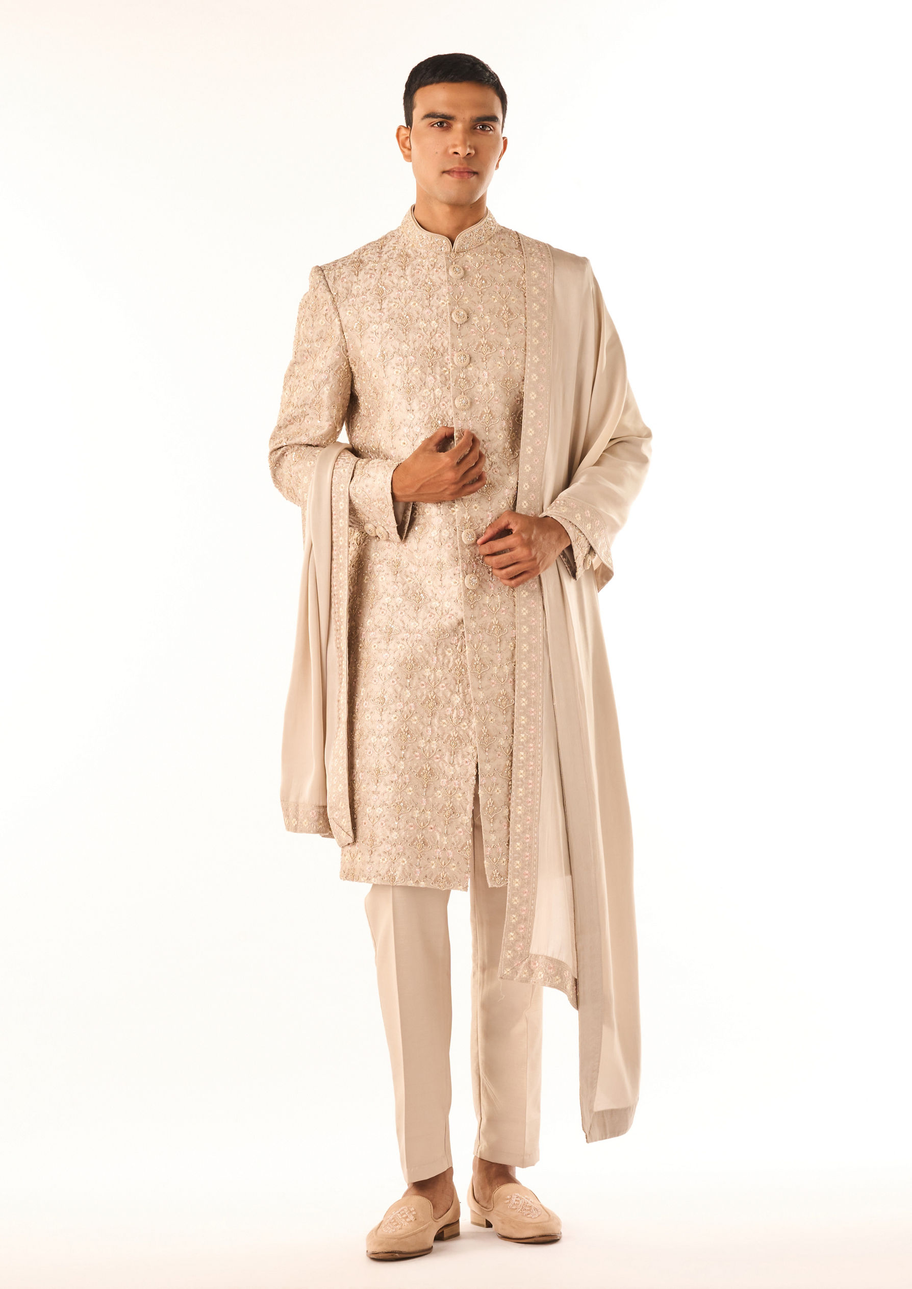 Twamev Men Fawn Art Silk Sherwani Set