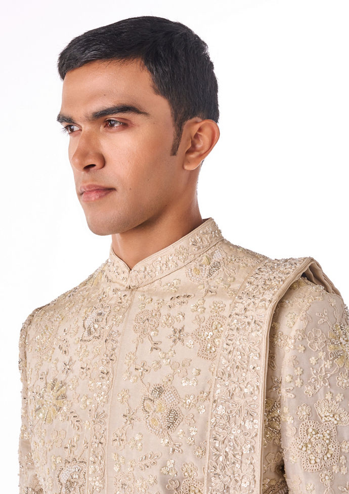 Twamev Men Cream Tissue Sherwani Set