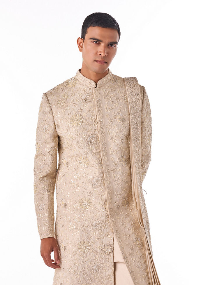 Twamev Men Cream Tissue Sherwani Set