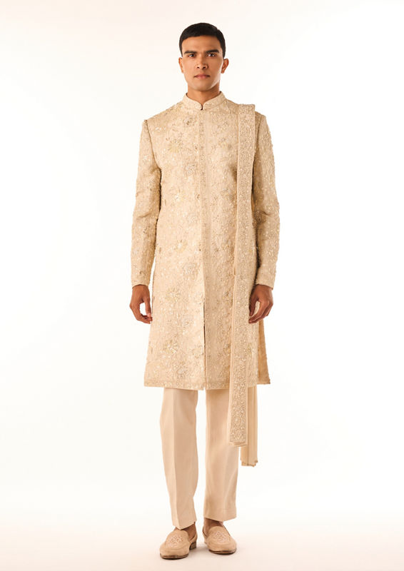 Twamev Men Cream Tissue Sherwani Set