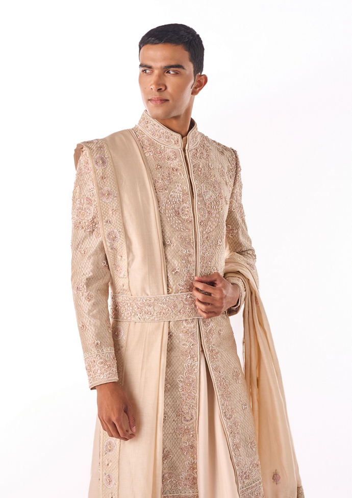 Twamev Men Beige Embroidered Sherwani