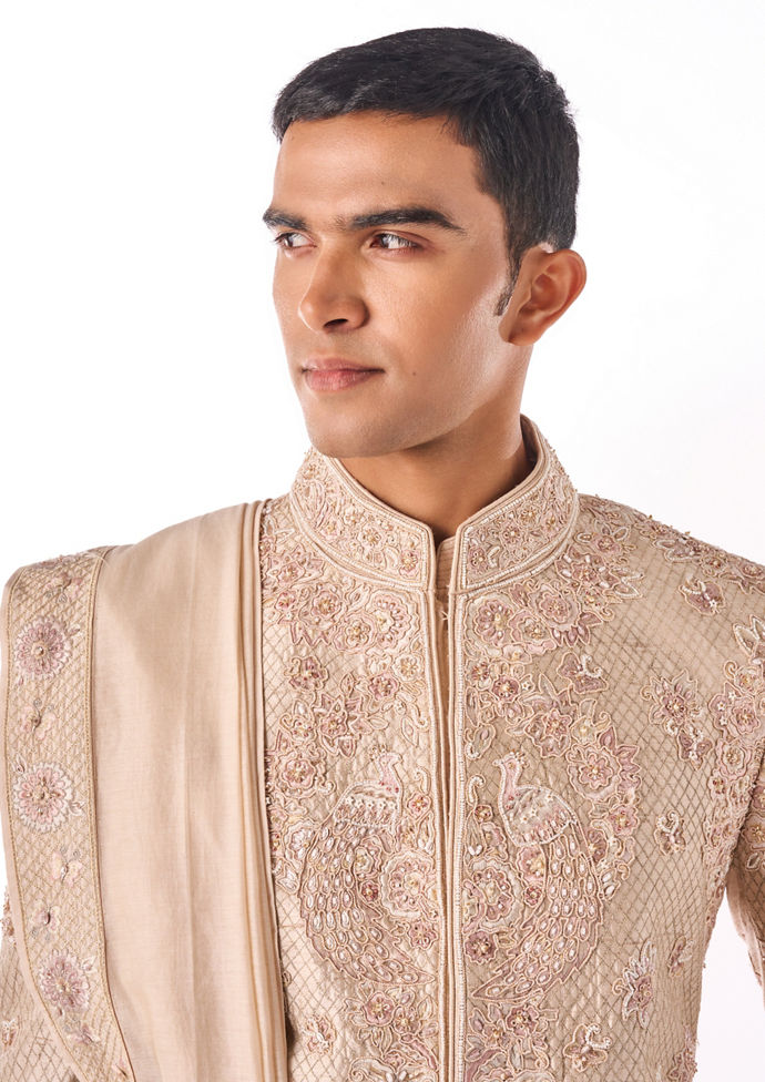 Twamev Men Beige Embroidered Sherwani