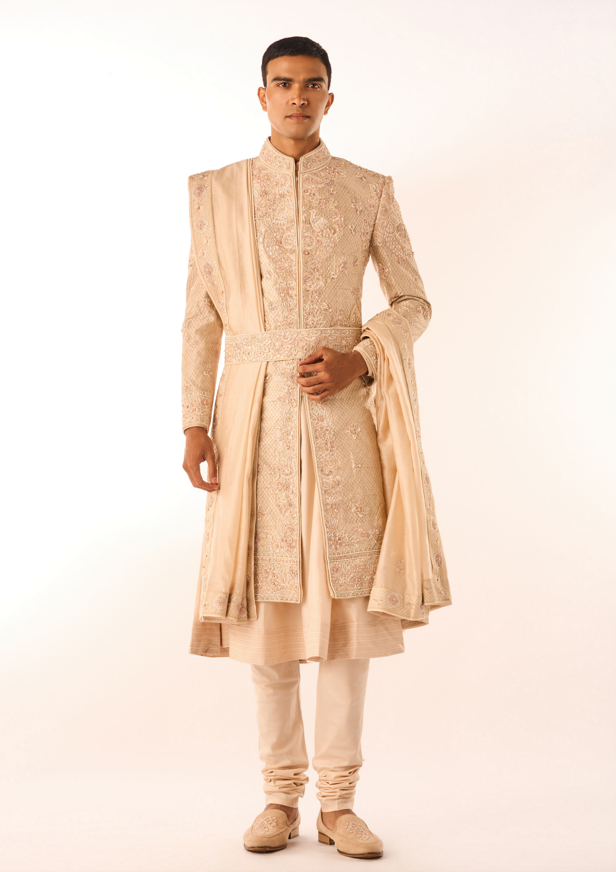Twamev Men Beige Embroidered Sherwani