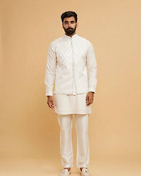 Twamev Men Cream Silk Diamond Mirror Work Kurta Jacket Set