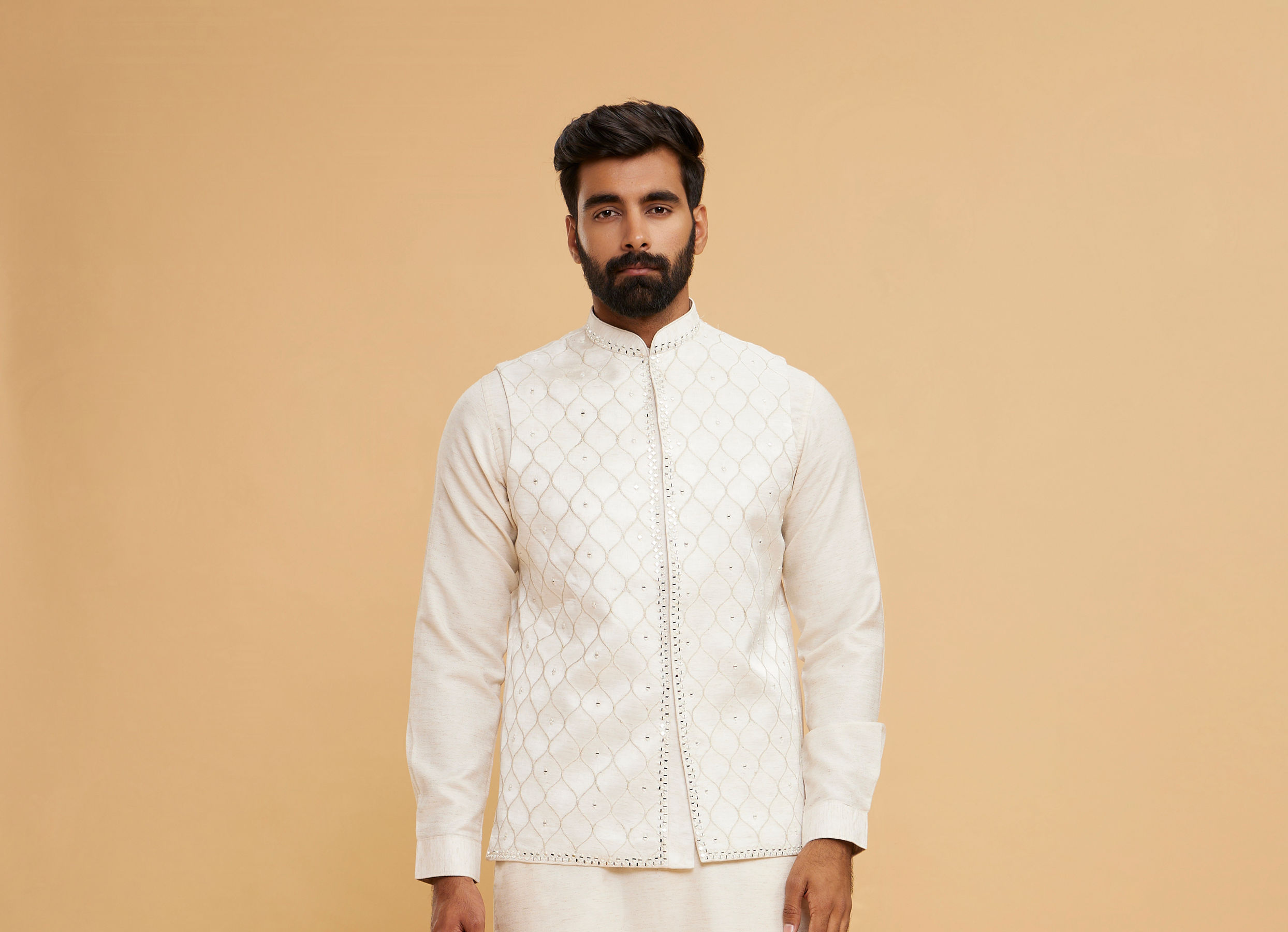 Twamev Men Cream Silk Diamond Mirror Work Kurta Jacket Set