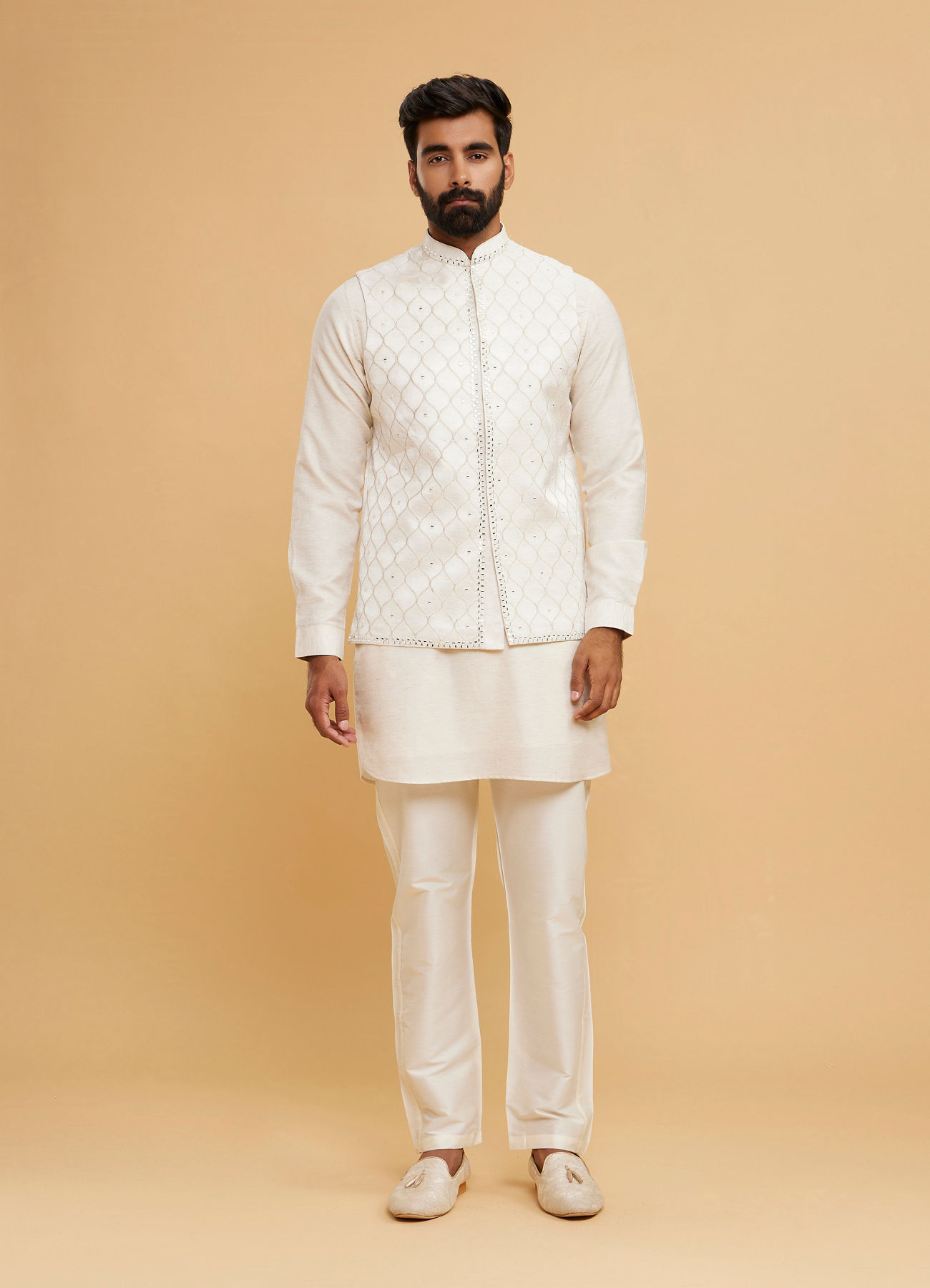 Twamev Men Cream Silk Diamond Mirror Work Kurta Jacket Set