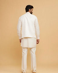 Twamev Men Cream Silk Diamond Mirror Work Kurta Jacket Set