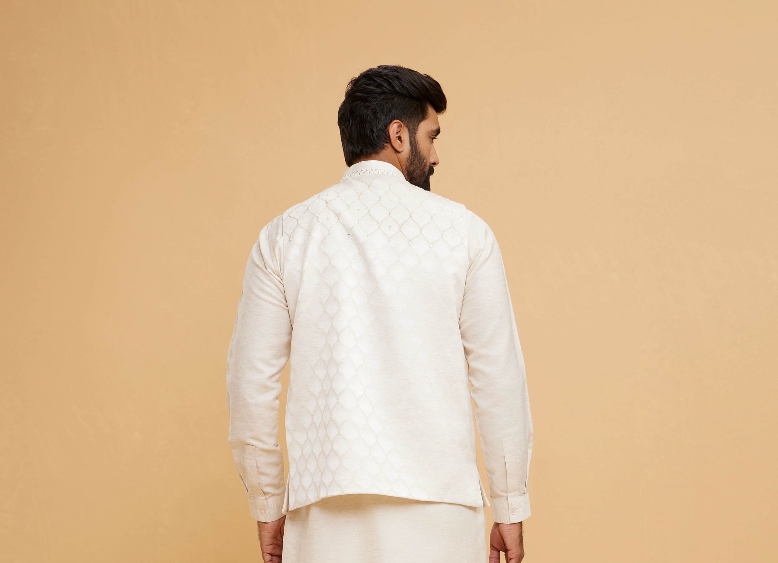 Twamev Men Cream Silk Diamond Mirror Work Kurta Jacket Set