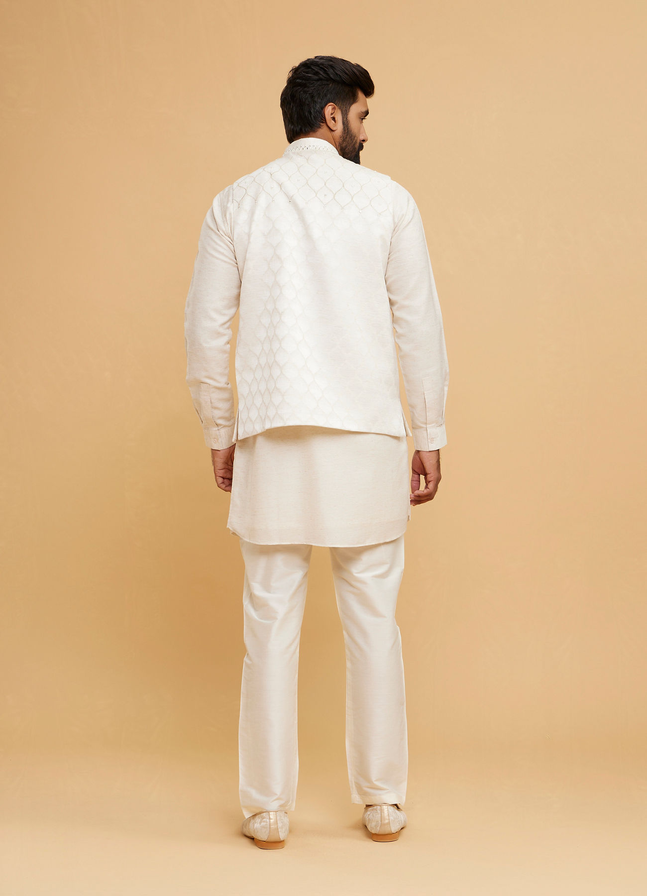 Twamev Men Cream Silk Diamond Mirror Work Kurta Jacket Set