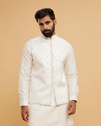Twamev Men Cream Silk Diamond Mirror Work Kurta Jacket Set