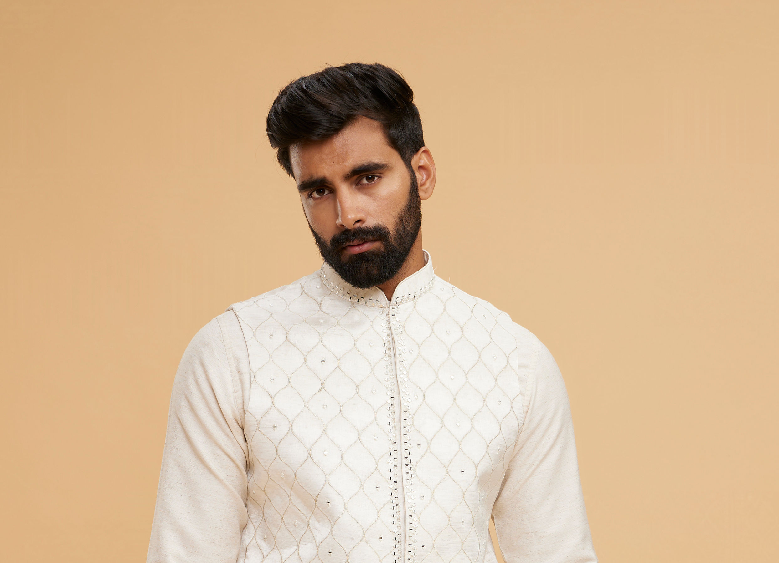 Twamev Men Cream Silk Diamond Mirror Work Kurta Jacket Set