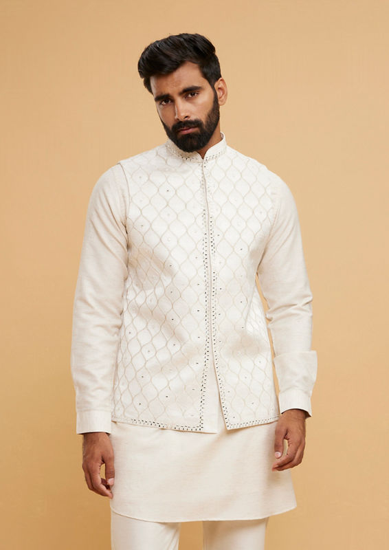 Twamev Men Cream Elegance Kurta Jacket Set