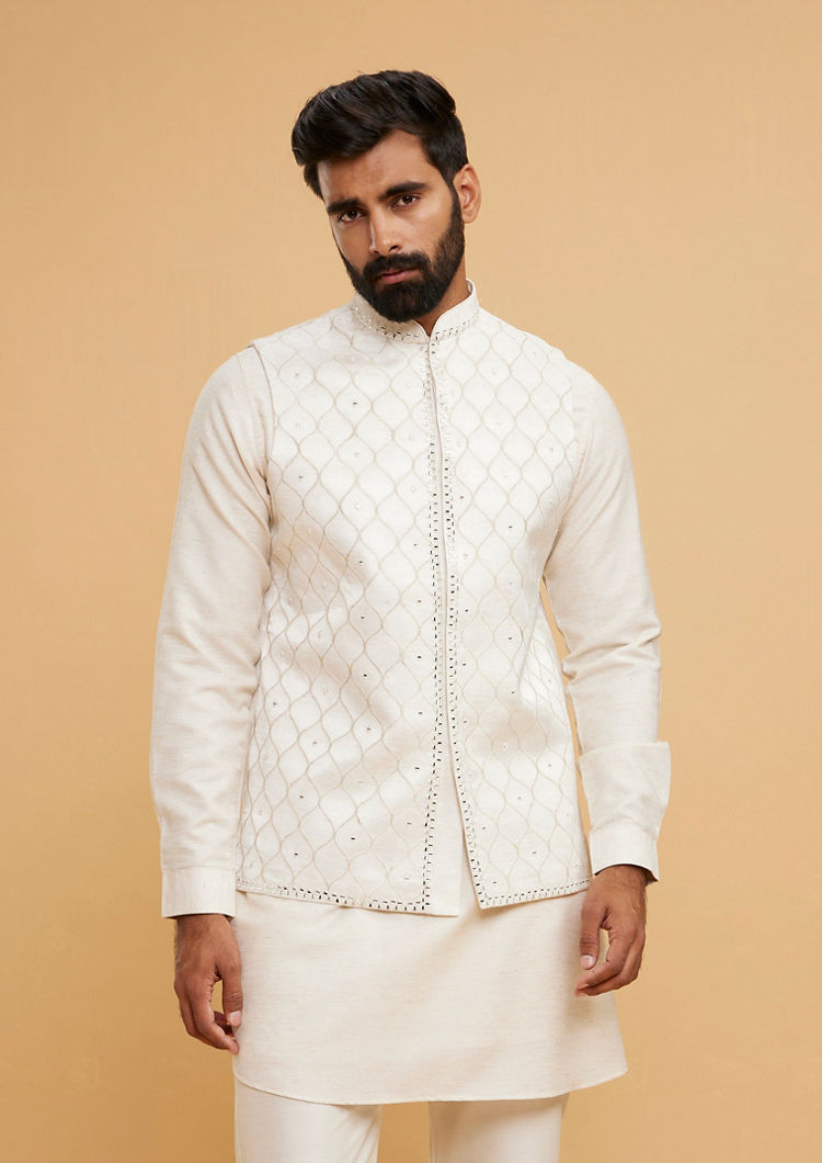 Twamev Men Cream Elegance Kurta Jacket Set