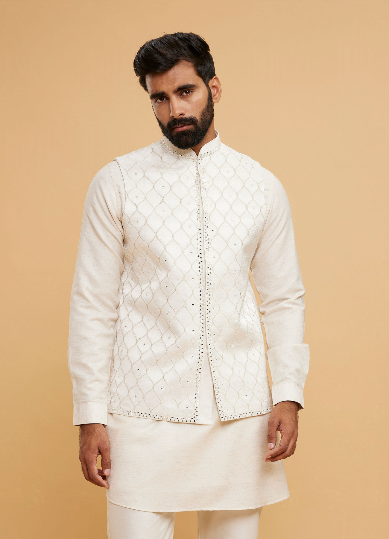 Twamev Men Cream Silk Diamond Mirror Work Kurta Jacket Set
