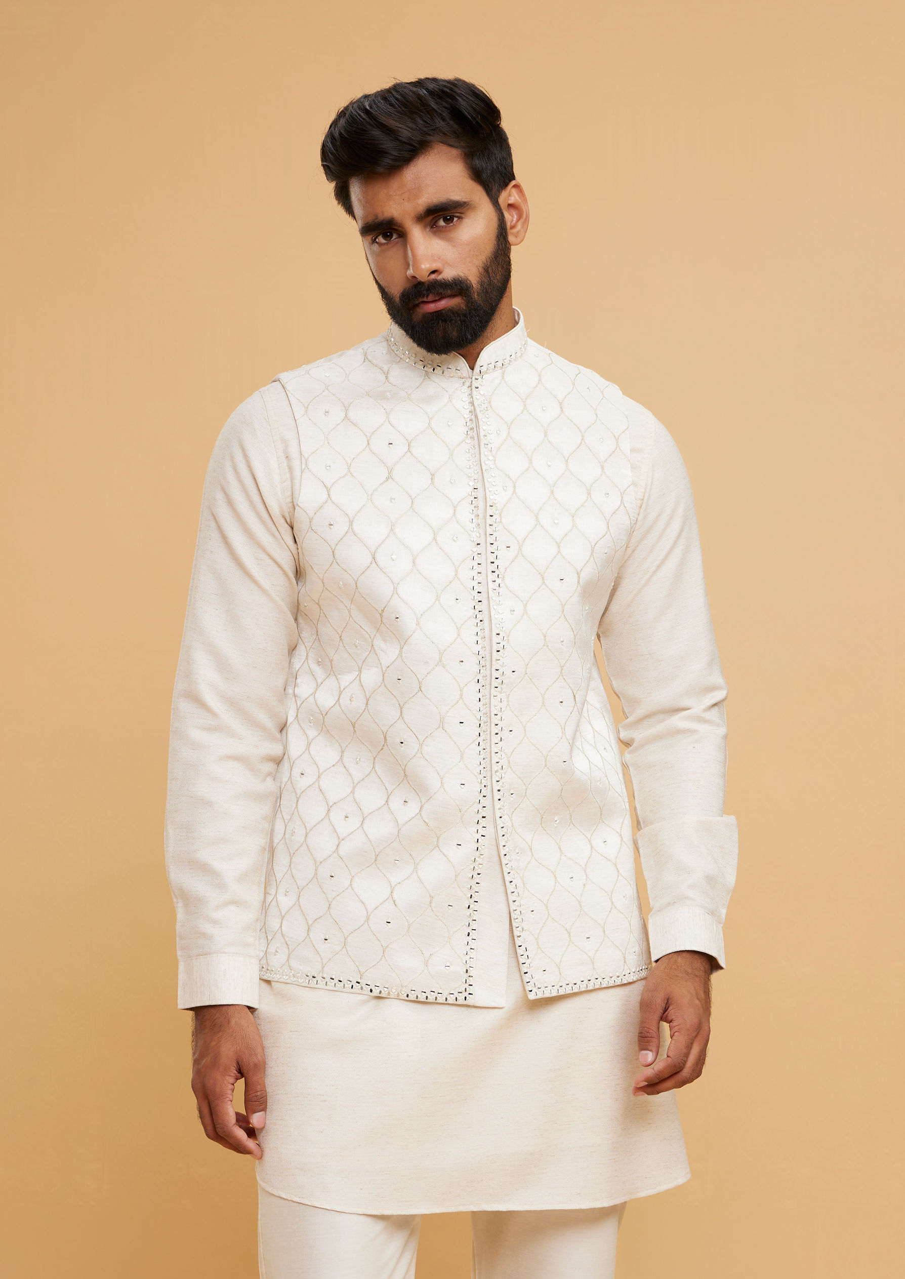 Twamev Men Cream Elegance Kurta Jacket Set