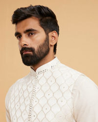 Twamev Men Cream Silk Diamond Mirror Work Kurta Jacket Set