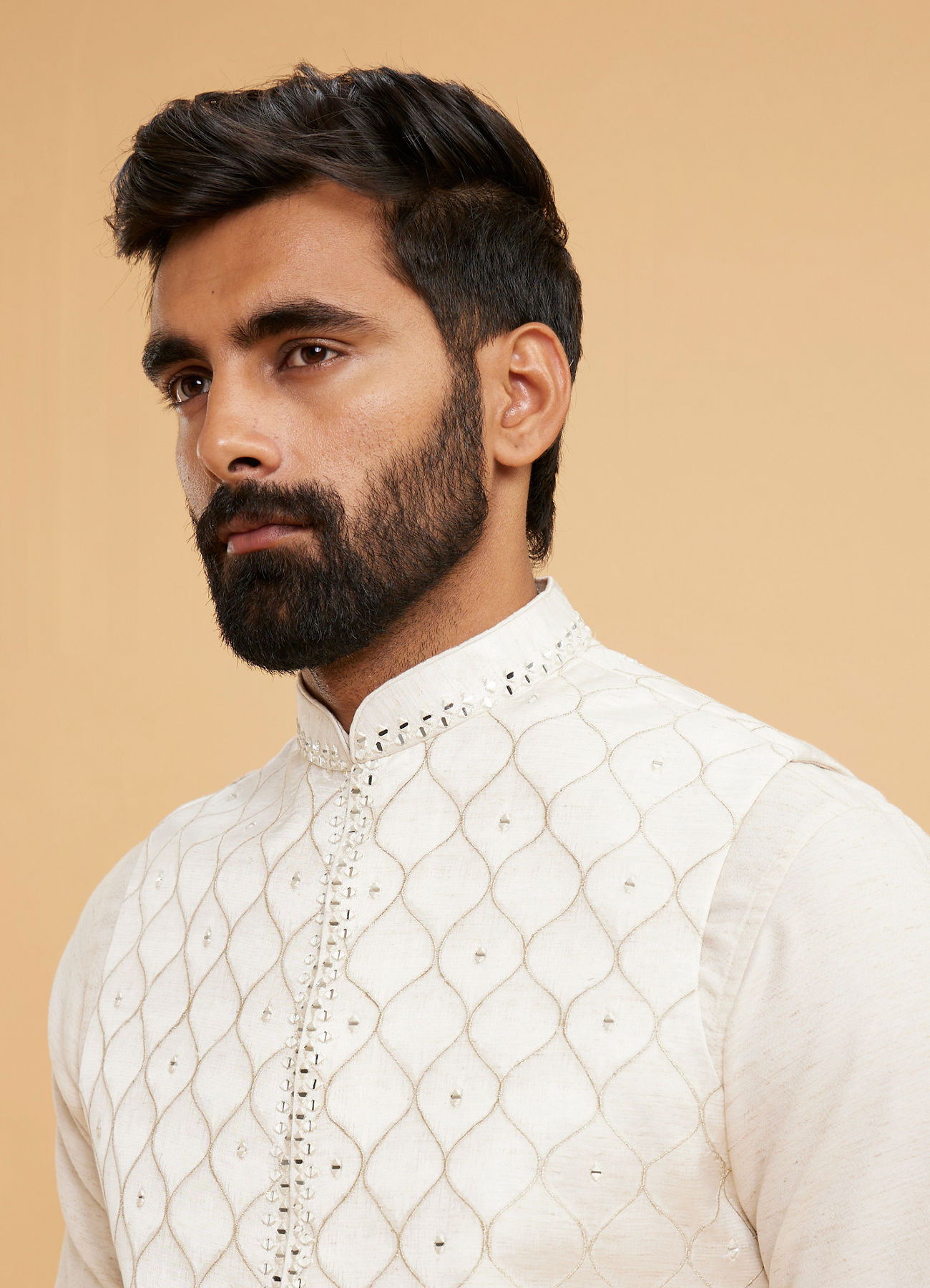 Twamev Men Cream Silk Diamond Mirror Work Kurta Jacket Set