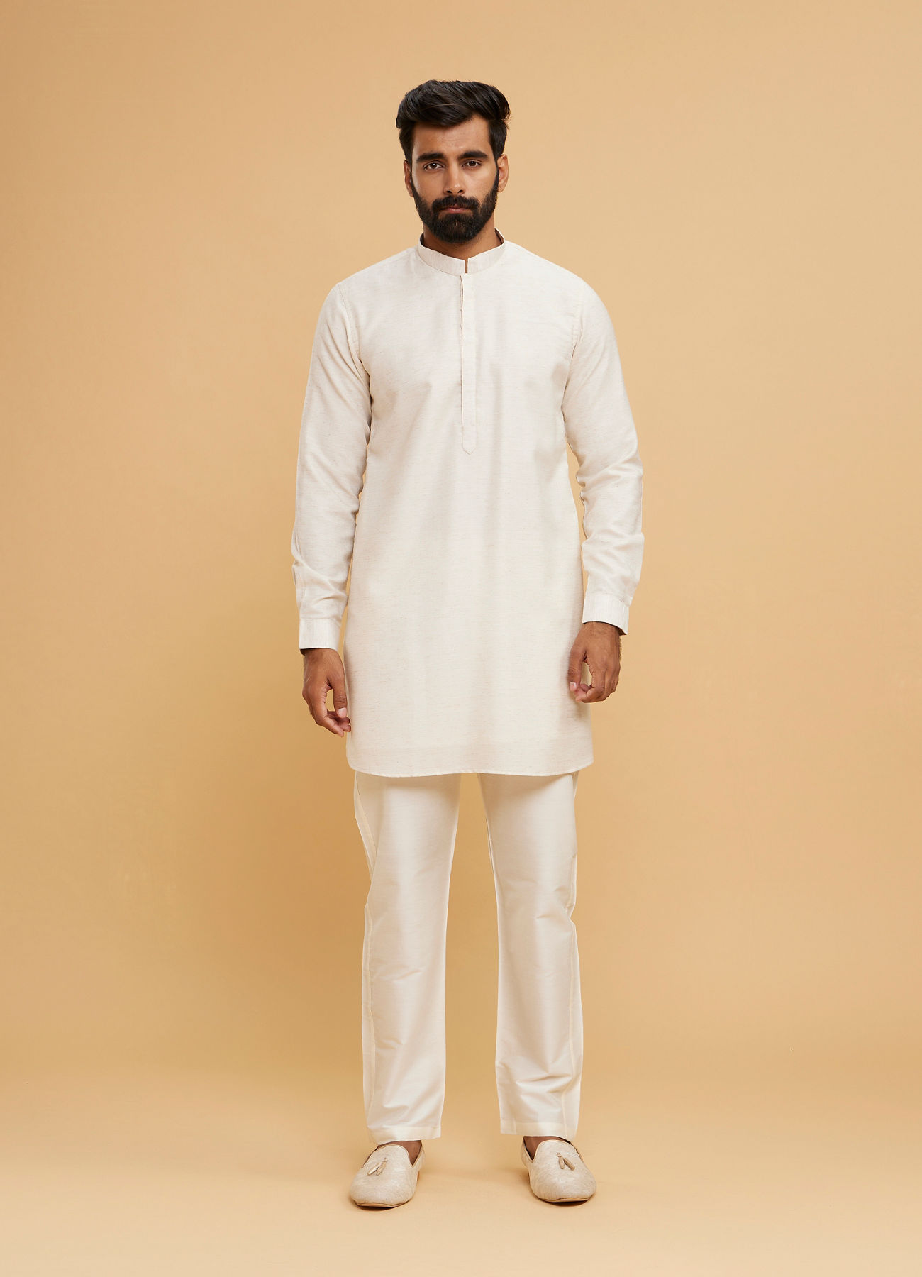 Twamev Men Cream Silk Diamond Mirror Work Kurta Jacket Set