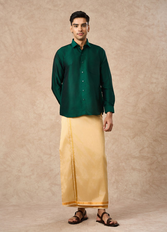 Manyavar Men Dark Green Silk Shirt